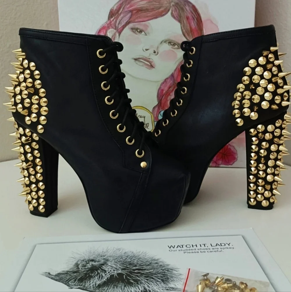 Jeffrey Campbell LITA Black Leather Gold Spikes Booties Size 6 - Picture 4 of 13